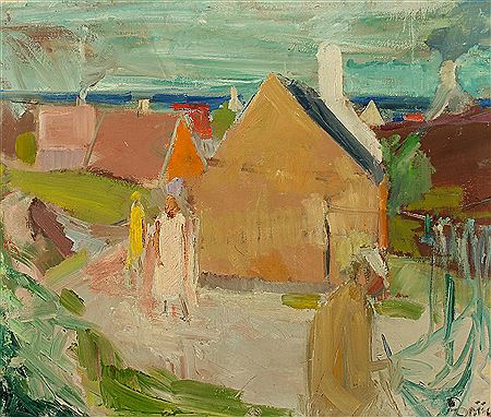 Scenery from Bornholm with people by houses