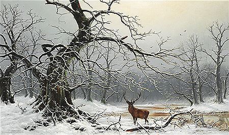 Winter landscape with a stag.