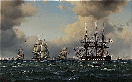 Seascape with numerous sailing ships.