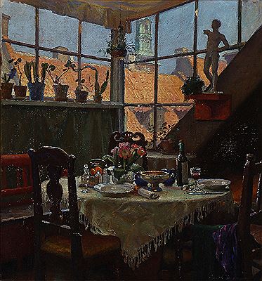 "Atelierinteriør med et dækket bord". Atelier interior with a laid table
