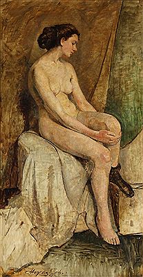 Seated model takes off her sock
