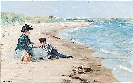 Beach scene with a mother and her son.