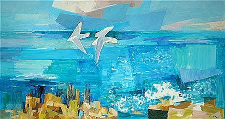 Costal scenery with birds in flight.