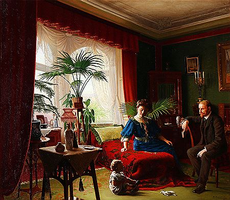 Victorian interior with a family. by Aage Exner - Auction record, sale price, and art valuation. Compare with similar artists and explore comparable artworks.