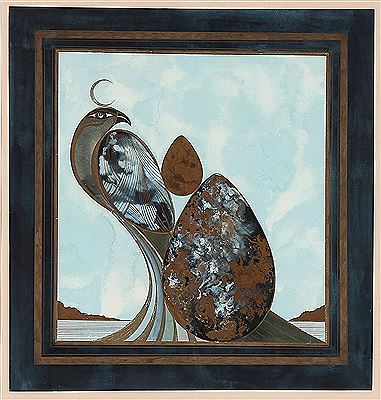 Composition with egg and peacock