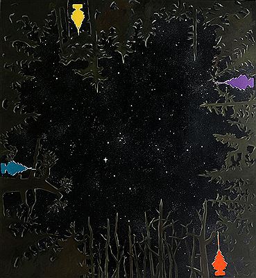 Silhouette of trees and stars.