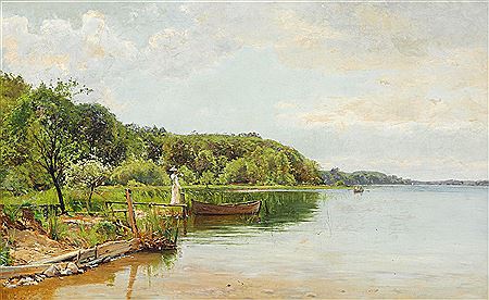 A young woman in a light summer dress waving to two friends in a rowboat.