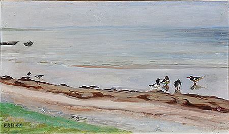 Beach scene with oystercatchers.