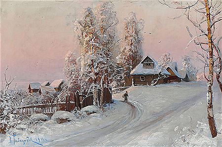 Winter in a Russian village at sunset.