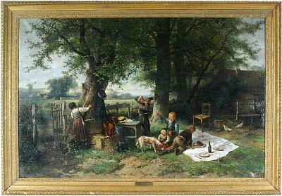 Genre scene of children in general mischief at picnic while girl keeps lookout, adults away for few moments