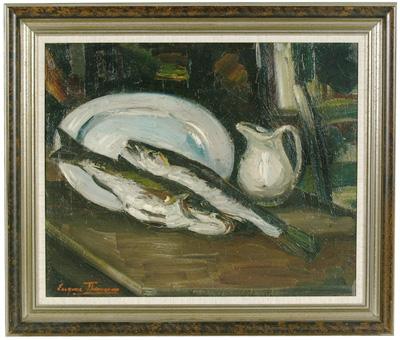 Still life with fish, pitcher, platter and corner of country chair