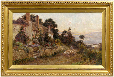 Landscape with cottage and drover herding sheep on road