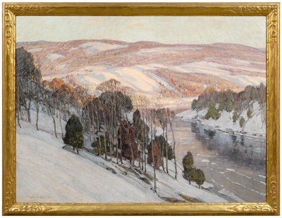 Winter landscape with river, possibly the Berkshire Mountains