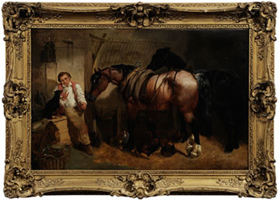Stable Boy in a Barn With Dog, Horses and Chickens