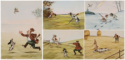 Five hunting caricatures: Si j'avais un temoin (If I only had a witness), Un chien mort (A dead dog),Ah Le vache! (Ah The cow!),Tirés un coup et voir (Fire a shot and see), AND Le cois paternelle