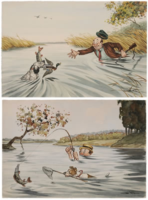 Two sporting caricatures: Si toi a toi(?), Chien épuiselte (Dog landing net) and Dog Retrieving a Fish with a Duck (2)
