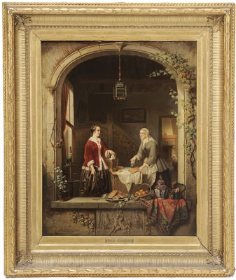 The Waffle Merchant, view through a portico of an elegant woman buying a waffle