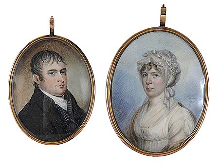 Two Portrait Miniatures: One of a Lady, 1808 AND portrait miniature of a man in striped vest and black coat