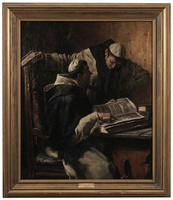 Monks Reading a Manuscript by Friedrich Pondel - Auction record, sale price, and art valuation. Compare with similar artists and explore comparable artworks.