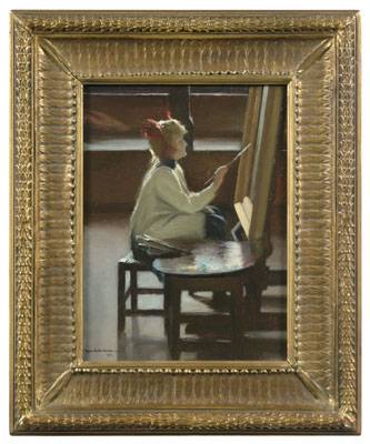 Seated girl painting at easel in interior