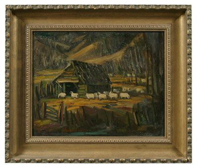 Mountain landscape with barn and sheep