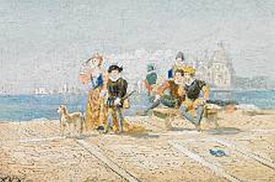 A Classical Scene from Venice with Young Men Whistling After and Elegant Woman