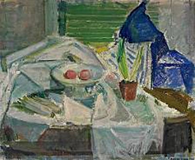 Still Life with Apples in a Bowl and a Potted Plant on a Table