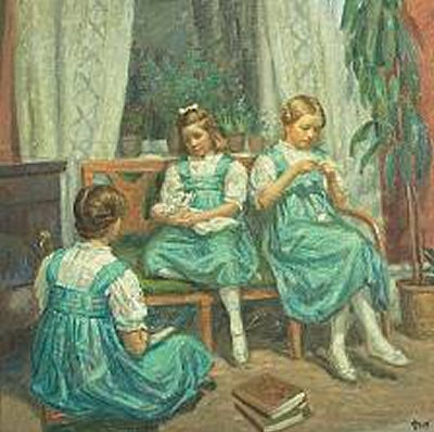 "Interior with Three Girls in Green Dresses"