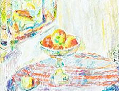 A still life with aquarium and apples in a bowl