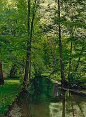 Stream in the wood with flying swallows