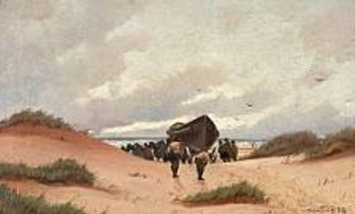 Fishermen are carrying the lifeboat through the sand hills by Oscar Herschend - Auction record, sale price, and art valuation. Compare with similar artists and explore comparable artworks.