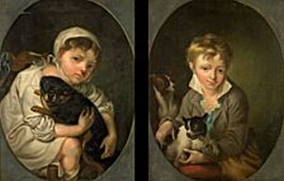 A little boy with two dogs and a little girl with a small dog (a pair)