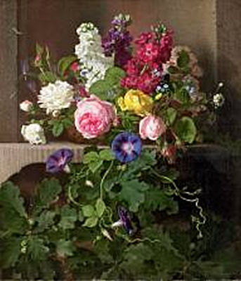 Still life with flowers in a basket
