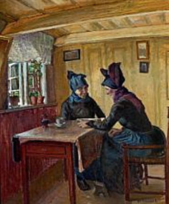 Interior with two women, Fanø by Niels Holbak - Auction record, sale price, and art valuation. Compare with similar artists and explore comparable artworks.