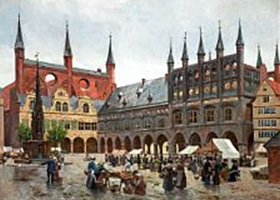 View from the market place in Lübeck by August Fischer - Auction record, sale price, and art valuation. Compare with similar artists and explore comparable artworks.
