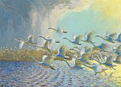 A group of swans taking off in the morning light by Johannes Larsen - Auction record, sale price, and art valuation. Compare with similar artists and explore comparable artworks.