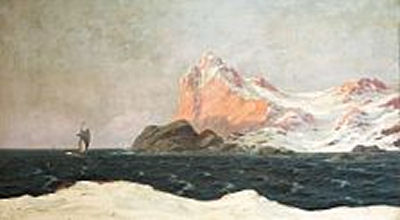 Landscape with snow-covered mountains and ships on the sea
