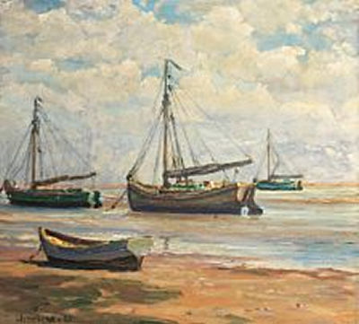 Boats on shore at Sønderho, low tide by Heinrich Dohm - Auction record, sale price, and art valuation. Compare with similar artists and explore comparable artworks.