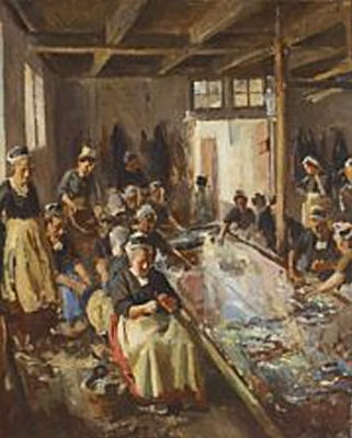 Interior with women cleaning fish