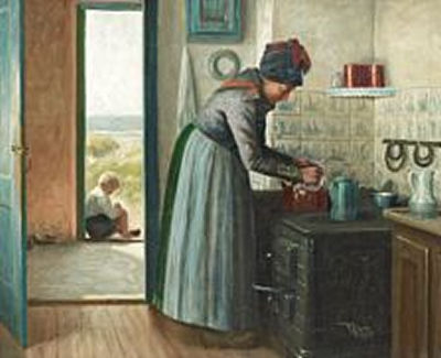 A Fanø woman by the stove, in the background a boy sitting in an open doorway with a view to the water