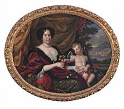 Portait of Hortense Mancini, countess Mazarin, born in Rome in 1646, deceased Chelsea, England in 1699, dressed in a brocade dress and coat. By her side putto with flowers. In the background the castle Mignon