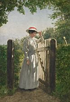 Woman in a white dress standing in the sun by an open garden gate by Niels Christian Hansen - Auction record, sale price, and art valuation. Compare with similar artists and explore comparable artworks.