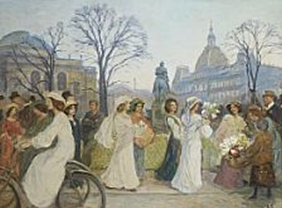 Young girls parading their spring gowns on Kongens Nytorv in Copenhagen, in the back Magasin Du Nord and The Royal Theatre