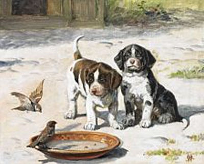 To hundehvalpe betragteret par gråspurve ved madskålen by Olaf August Hermansen - Auction record, sale price, and art valuation. Compare with similar artists and explore comparable artworks.