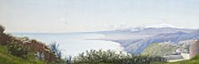 Scenery from Taormina on Sicily with Etna in the background by Hans Gabriel Friis - Auction record, sale price, and art valuation. Compare with similar artists and explore comparable artworks.
