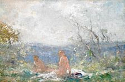 Mountain scenery with two girls sunbathing