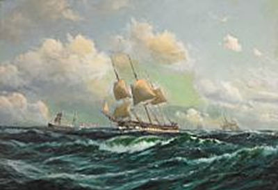 Frigate and other sailing ships in high sea