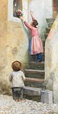 Two Italian children placing flowers in a niche by a staircase