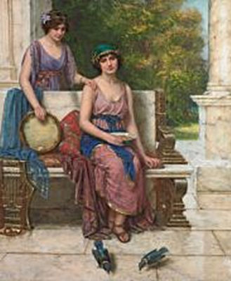 Two young ladies sitting on a marble bench