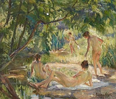 Bading girls on the river bank